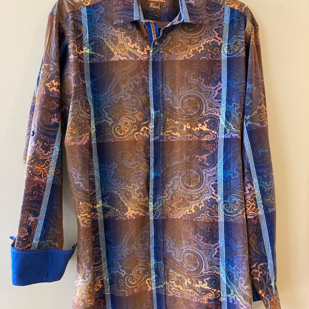 Visconti Black navy and warm rust tones long sleeve shirt.